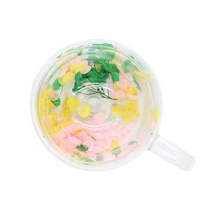Cană cu inserție de flori uscate, hortensie galben, verde și roz, pereți dubli, sticlă borosilicată, 200 ml, Aurora Bloom