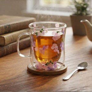 Cană cu inserție de flori uscate, hortensie mov și roz, pereți dubli, sticlă borosilicată, 200 ml, Aurora Bloom
