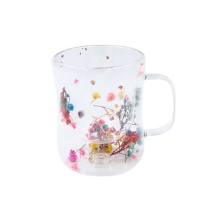 Cană cu inserție de flori uscate multicolore, floarea miresei, pereți dubli, sticlă borosilicată, 200 ml, Aurora Bloom
