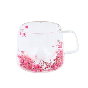 Cană cu inserție de flori uscate roz, floarea miresei, pereți dubli, sticlă borosilicată, 200 ml, Aurora Bloom