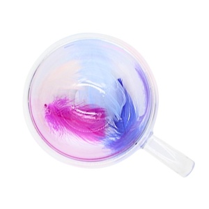 Cană cu inserție de pene mov, roz, albastru și alb, pereți dubli, sticlă borosilicată, 250 ml, Aurora Bloom