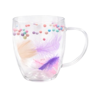 Cană cu inserție de pene și bilute colorate pastel, pereți dubli, sticlă borosilicată, 350 ml, Aurora Bloom