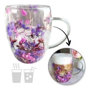 Cană termo, din sticlă borosilicată, cu gypsophila, hortensii, trandafiri, 300 ml, pereți dubli, eCarla, SZK166