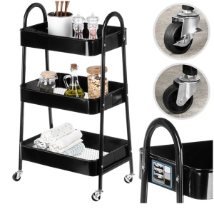 Cărucior de depozitare cu 3 rafturi din metal negru – mobil, organizare bucătărie & baie, 44x32x80 cm
