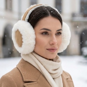 Căști pufoase pentru urechi, Antonio, cu aspect de piele întoarsă, culoarea camel, one size