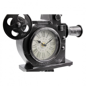 Ceas retro, model camera video cu trepied, metalic, culoare negru vintage