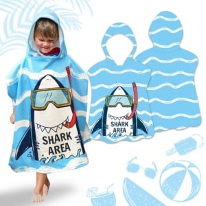 Prosop poncho pentru copii, cu glugă, model rechin Area, 60x60 cm, albastru