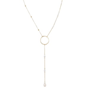 Colier cu perle și cerc decorativ – Oțel inoxidabil placat cu aur 14K, Ecarla, NST2139