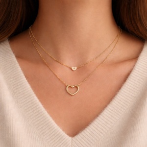 Colier dublu cu inimioare aurii – Oțel inoxidabil chirurgical placat cu aur 14K, Ecarla, NST2244