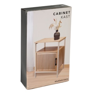 Comodă modernă cu cadru metalic și rafturi MDF, design cu ușă din lemn, 43x33x55 cm, alb și natur