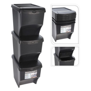 Coșuri  Home & Styling, suprapozabile pentru sortarea deșeurilor, 3 x 22 l, plastic rezistent, gri