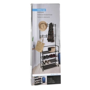 Cuier multifuncțional cu polițe și cârlige, structură metal plus 4 polițe textile, 60x26x155 cm