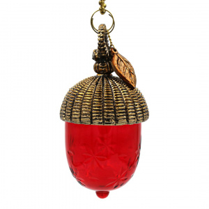 Decorațiune de Crăciun pentru brad, Decoris, ghindă roșie cu aspect de cristal, capac auriu antichizat și frunzuliță