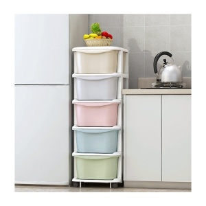 Dulap organizator din plastic, cu 5 sertare, pe roți, Ecarla, 97x38x37 cm, PO10