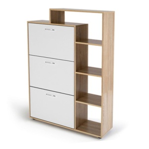 Dulap pantofi cu raft JUMI, 132x24x86 cm, PAL furniruit alb, 3 compartimente și spațiu lateral deschis