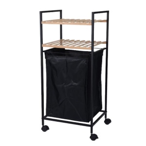 Etajeră de baie mobilă cu coș pentru rufe, cadru metalic negru și polițe din bambus 38x32,5x89.5 cm