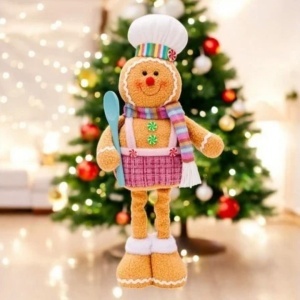 Figurină decorativă, de Crăciun, om de turtă dulce bucătar, picioare telescopice, înălțime reglabilă 34–52 cm, pluș, KSN169