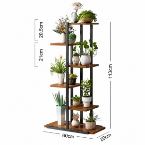 Suport pentru flori și plante, etajeră modernă cu 6 rafturi, 113x60x20 cm, suport ghivece din metal și lemn, negru-maro, pentru balcon, terasă, living sau grădină