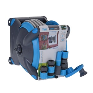 Furtun pe tambur 15 m cu suport de perete și accesorii – set complet irigare grădină, cu manivelă și duză reglabilă