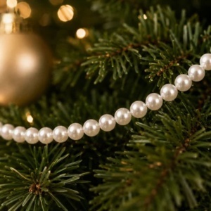 Ghirlandă decorativă, de Crăciun, cu perle albe, 5 m, mărgele perlate de 6 mm, pentru brad și aranjamente festive, WOZ15