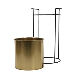 Ghiveci decorativ metalic, cu suport, pentru plante, culoare auriu/negru, 18x18x31 cm