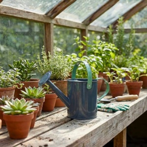 Handheld metal garden watering can, modern design for children, grey and green, 13 cm