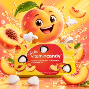 Jake Vitamin Candy – bomboane fără zahăr cu Vitamina C, piersică, cutie cu 12 blistere, 180 de dropsuri