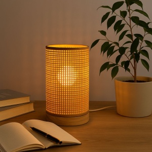 Lampă de birou Home & Styling, din bambus, formă tubulară, bază din lemn de pin, 13x23 cm