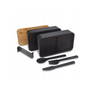 Lunch box dublu, 1.3 l, cu capac din bambus și tacâmuri incluse, 2 nivele, negru, 8.5 x 10.5 x 9.3 cm, eCarla, PJM43