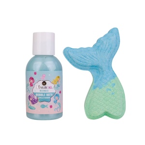 Set de baie pentru copii MAGICAL MERMAID în gentuță cosmetică de pluș, spumant de baie și bilă efervescentă cu parfum de vanilie