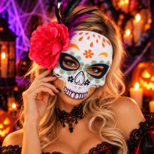 Mască Santa Muerte pentru Halloween, cu floare roz și pene, model craniu mexican multicolor