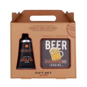 Set cadou pentru bărbați, MEN'S COLLECTION, gel de duș și 2 suporturi pătrate pentru bere
