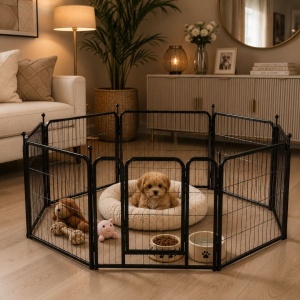 Metal playpen for dogs and small animals, with gate and 8 panels, 80x80 cm, foldable, modular, portable, for indoor and outdoor use, black