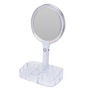 Oglindă de machiaj cu LED și organizator pentru accesorii, iluminare reglabilă, alimentare USB
