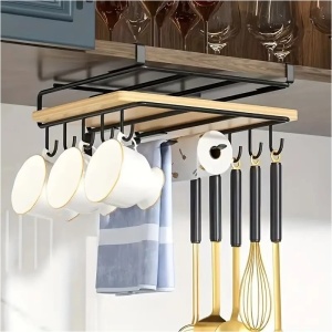 Organizator de bucătărie, suspendat, din metal, cu raft și cârlige pentru ustensile și căni, Ecarla, culoarea negru, 25×25 ×9,7 cm, OR116CZ