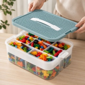 Organizator pentru piese de construcție, 3 niveluri, eCarla, capac tip placă de construcție, 31 x 30 x 22 cm, CB82