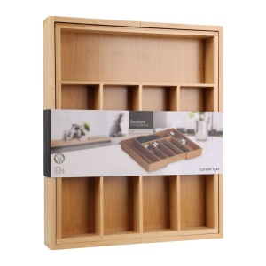 Organizator tacâmuri extensibil, pentru sertar, Excellent Houseware, bambus natural, 5-7 compartimente, 34×28-45×5 cm