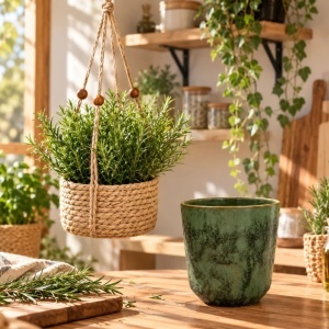Pachet mască de ghiveci, verde, Mica, 15×12 cm + plantă artificială Rozmarin, 11 cm, în ghiveci suspendat tip coș împletit