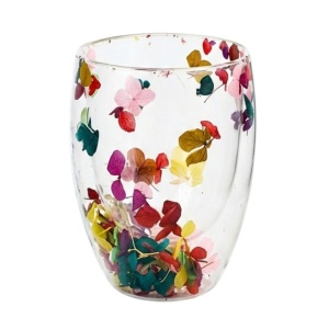Pahar cu inserție de flori uscate multicolor, hortensie, pereți dubli, sticlă borosilicată, 300 ml, Aurora Bloom