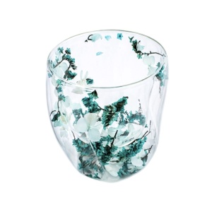 Pahar cu inserție de flori uscate verzi, hortensie și limonium, pereți dubli, sticlă borosilicată, 250 ml, Aurora Bloom