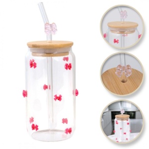 Pahar din sticlă borosilicată, cu capac din bambus, pai și fundițe, 460 ml, eCarla, SZK135