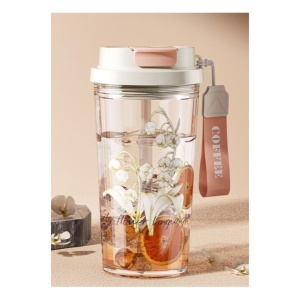 Pahar reutilizabil cu capac, pai și baretă de transport, imprimeu floral, 550 ml, PC + PP, eCarla, BD29