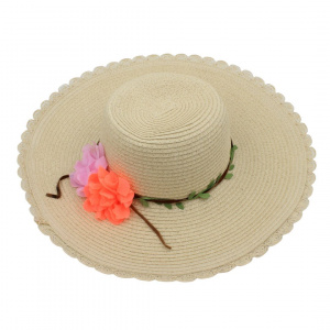 Pălărie de plajă damă Tiara, bej cu flori decorative, boruri foarte largi, elegantă, ușoară și respirabilă, protecție solară, diametru 43 cm