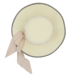 Pălărie de plajă damă Tiara, crem/natur cu fundă bej, boruri largi, elegantă, ușoară și respirabilă, protecție solară, diametru 36 cm