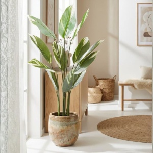 Plantă artificială Calathea 118 cm, cu frunze verzi variegate, aspect realist, pentru interior, ghiveci negru inclus