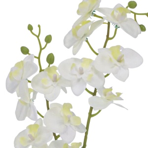 Plantă artificială Orhidee 40 cm, cu flori albe și frunze verzi, pentru interior