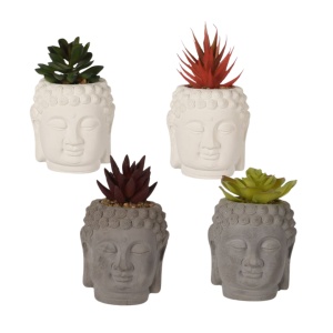 Plantă artificială Suculentă în ghiveci de ciment 12.5 cm, formă de statuetă cap Buddha, gri cu mov