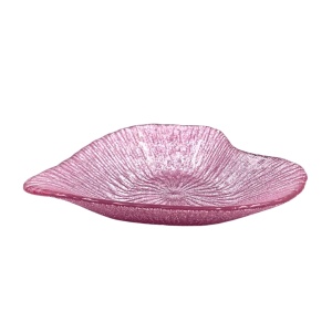 Platou din sticlă, în formă de inimioară, 15 cm, roz cu sclipici