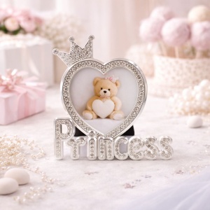 Princess AZAY Photo Frame with Crown and Crystals, 8x8 cm, Baby Photo Frame, Christening / Newborn Gift, Gift Box Included