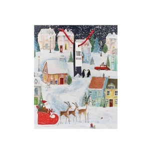Pungă cadou Crăciun Eurowrap, model iarnă cu Moș Crăciun, 26,5 x 33 cm, cu burduf 14 cm și tag, reciclabilă